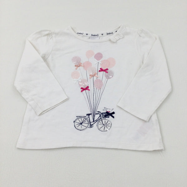 Glittery Sequinned Balloons Dog & Bike White Long Sleeve Top - Girls 2-3 Years