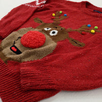 Reindeer Appliqued Mottled Red Knitted Jumper - Boys/Girls 4-5 Years