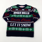 'Jingle Bells' Snowflakes Navy & Green Knitted Jumper - Boys/Girls 5-6 Years