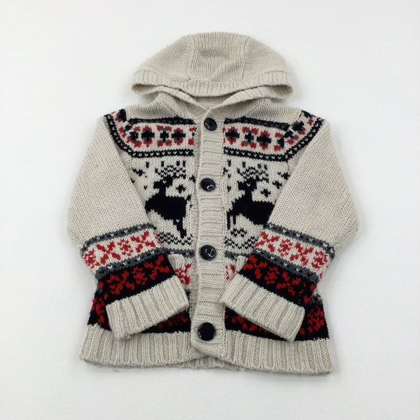 Reindeers & Patterned Cream Knitted Hoodie - Boys/Girls 3-4 Years