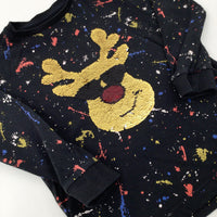 Reindeer Sequin Flip Paint Splatter Black Long Sleeve Top - Boys 2-3 Years