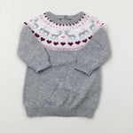 Hearts & Reindeers Sparkly Grey Knitted Dress - Girls 3-6 Months