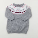 Hearts & Reindeers Sparkly Grey Knitted Dress - Girls 3-6 Months