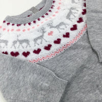 Hearts & Reindeers Sparkly Grey Knitted Dress - Girls 3-6 Months