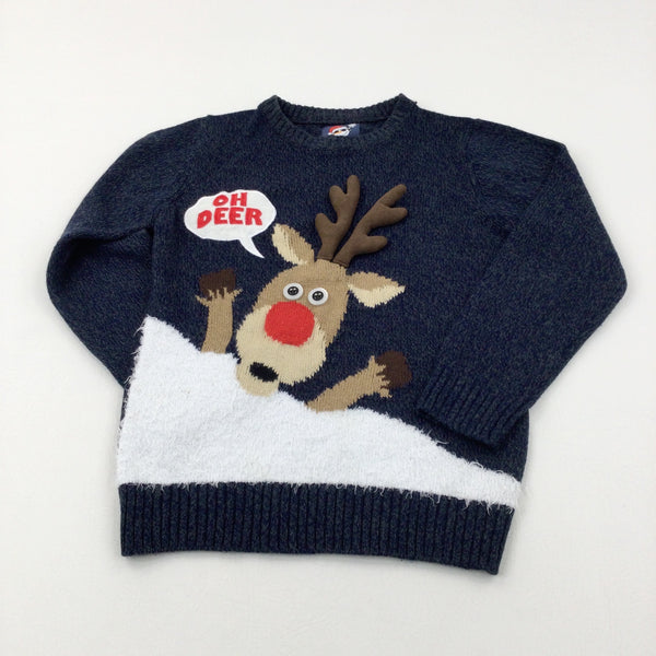 'Oh Deer' Rudolph Appliqued Navy Knitted Jumper - Boys/Girls 10-11 Years