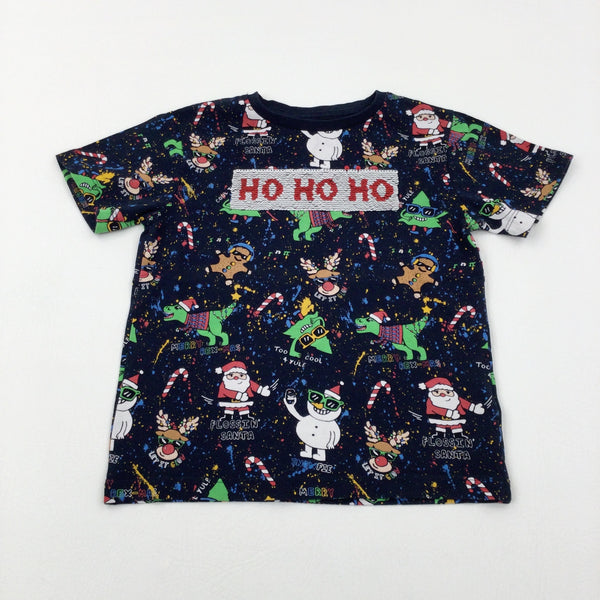 'HO HO HO' Sequin Flip Snowmen Navy T-Shirt - Boys 3-4 Years