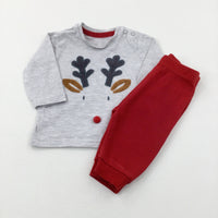 Reindeer Appliqued Grey & Red Pyjamas - Boys/Girls 0-3 Months