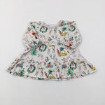 Christmas Trees & Mice Cream Jersey Dress - Girls 3-6 Months