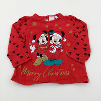 'Merry Christmas' Mickey & Minnie Mouse Glittery Red Long Sleeve Top - Girls 9-12 Months