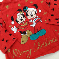 'Merry Christmas' Mickey & Minnie Mouse Glittery Red Long Sleeve Top - Girls 9-12 Months