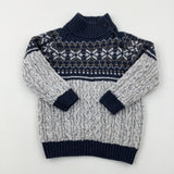 Patterned Grey & Navy Heavyweight Knitted Jumper - Boys 3-4 Years