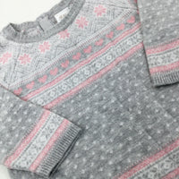 Snowflakes Patterned Grey Knitted Jumper - Girls 3-6 Months