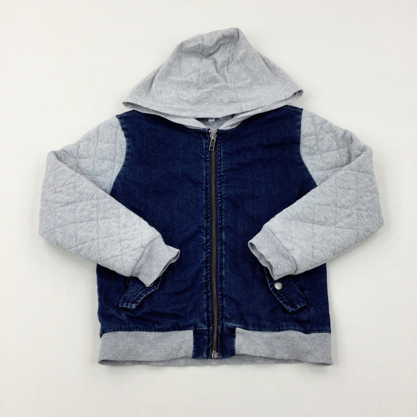 Blue Denim Effect & Grey Quilted Zip Through Lightweight Jacket With Hood - Boys 6-7 Years