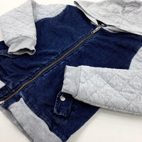 Blue Denim Effect & Grey Quilted Zip Through Lightweight Jacket With Hood - Boys 6-7 Years