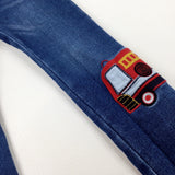 'Nee Noor' Fire Engine Appliqued Mid Blue Denim Jeans With Adjustable Waist - Boys 5-6 Years