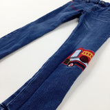 'Nee Noor' Fire Engine Appliqued Mid Blue Denim Jeans With Adjustable Waist - Boys 5-6 Years