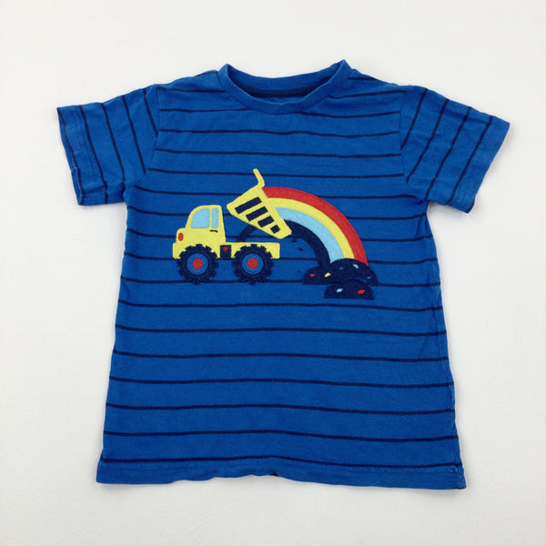 Digger & Rainbow Appliqued Blue Striped T-Shirt - Boys 4-5 Years