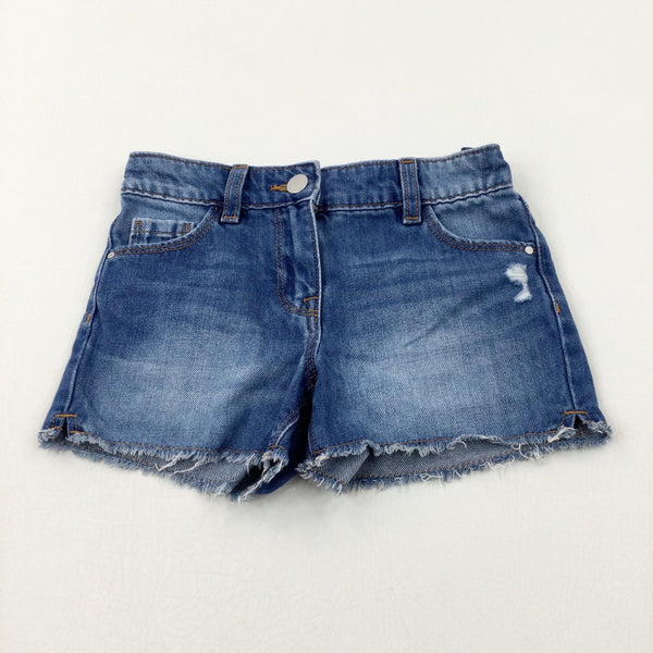 Distressed Mid Blue Denim Shorts With Adjustable Waist - Girls 5-6 Years