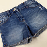 Distressed Mid Blue Denim Shorts With Adjustable Waist - Girls 5-6 Years