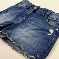 Distressed Mid Blue Denim Shorts With Adjustable Waist - Girls 5-6 Years