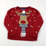 Reindeer With Embroidered Scarf Red Knitted Jumper - Girls 10-11 Years