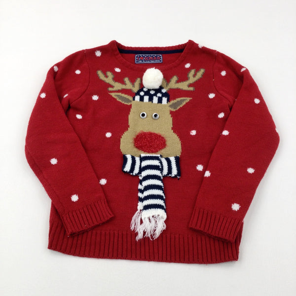 Reindeer With Embroidered Scarf Red Knitted Jumper - Girls 10-11 Years