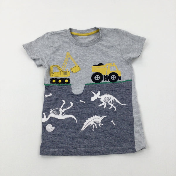 Diggers Appliqued Dinosaurs Grey T-Shirt - Boys 5-6 Years