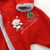 'My First Christmas' Bear Embroidered Red Fleece Pramsuit - Boys/Girls Newborn