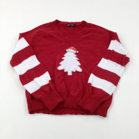 Christmas Tree Red & White Striped Knitted Jumper - Girls 13-14 Years