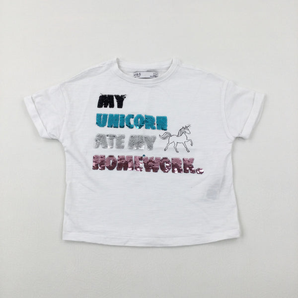 'My Unicorn Ate My Homework' Sequin Flip White T-Shirt - Girls 5-6 Years