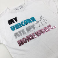 'My Unicorn Ate My Homework' Sequin Flip White T-Shirt - Girls 5-6 Years