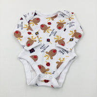 'Rudolf And His Big Red Nose' Reindeer White Long Sleeve Bodysuit - Boys/Girls 3-6 Months