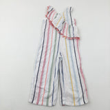 Pom Poms Colourful Striped White Jumpsuit - Girls 5-6 Years