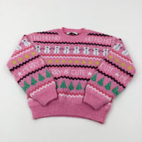 'Merry & Cute' Snowmen Patterned Pink Knitted Jumper - Girls 10-11 Years