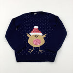 Robin Sequinned Snowy Navy Knitted Jumper - Girls 5-6 Years