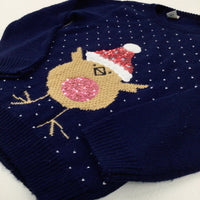 Robin Sequinned Snowy Navy Knitted Jumper - Girls 5-6 Years