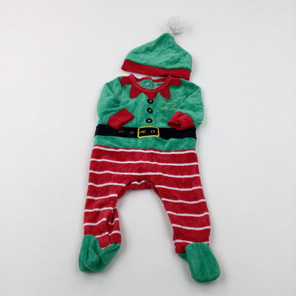 Merry Christmas' Elf Green & Red Velour Babygrow & Hat Set - Boys/Girls 0-3 Months