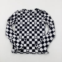 Hearts Black & White Checked Ribbed Long Sleeve Top - Girls 6-7 Years
