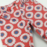 Flowers Red Trousers With Adjustable Waist - Girls 6-7 Years