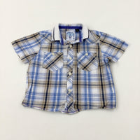 Blue & Beige Checked Short Sleeve Shirt - Boys 12-18 Months