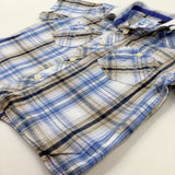 Blue & Beige Checked Short Sleeve Shirt - Boys 12-18 Months