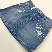 Stars Embroidered Light Blue Denim Skirt With Adjustable Waist - Girls 2-3 Years