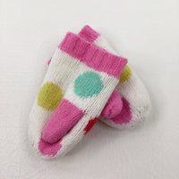 Spotty White Lined Knitted Winter Mittens - Girls 12-18 Months