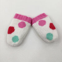 Spotty White Lined Knitted Winter Mittens - Girls 12-18 Months