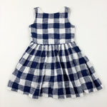 Blue & White Checked Linen Mix Dress - Girls 6-7 Years