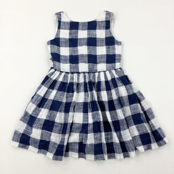 Blue & White Checked Linen Mix Dress - Girls 6-7 Years