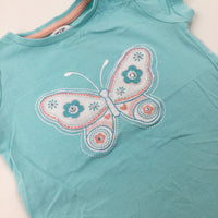 Butterfly Appliqued Diamonte Turquoise T-Shirt - Girls 18-24 Months