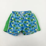 Turtles & Stars Blue & Green Swim Shorts - Boys 18-24 Months