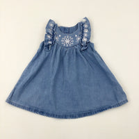 Flowers Embroidered Light Blue Denim Dress - Girls 18-24 Months