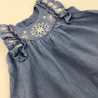 Flowers Embroidered Light Blue Denim Dress - Girls 18-24 Months